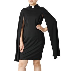 Women's Clergy Dress Elegant Black Bodycon Tab Collar Church Dresses