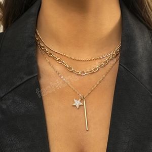 Mehrschichtige Kette mit Sternen/Stick-Anhänger-Halskette für Frauen, Gold-/Silberfarbe, trendiges Halsband-Halsketten-Set, modischer Halsschmuck
