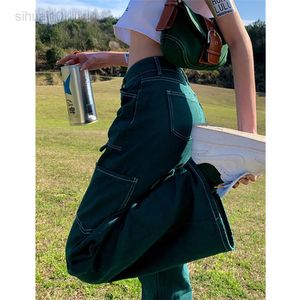 Retro Green Straight Jeans Women's New Work Clothes Summer High Waist Pants Wide-Leg Pants Tide L220725