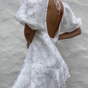 Foridol Backless White Jacquard Lace Summer Vintage Dress Lantern Sleeve Women Drop Short Dress Fashion Dress Vestidos 220511