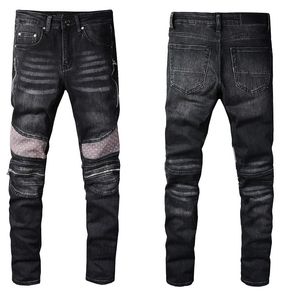 Killar svarta jeans denim mager passar för man smal cyklist moto hiphop rak ben vintage nöd stretch knä rippade byxor rock långa knä zipper sommaren midvikt 2022