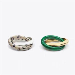 Ins Personality Fashion Double Bottega Ring Stacking Ring Natural Stone Malachite Combination Retro All-Match Jewelry
