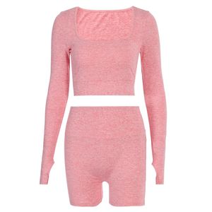 Women's Tracksuits Sexy Long Sleeve Crop Top And Biker Shorts Two Pieces Set Summer Womens Knitted Tracksuit Active Wear Outfits