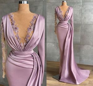 Elegant Arabic Dubai Lilac Prom Dresses Mermaid Sheer V-Neck Long Sleeve Lace Appliqued Beads Formal Party Evening Gowns Modern Special Occasion Wear For Women