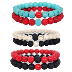 8mm Beaded Black White Turquoise Beads Stone Elastic Bracelet 2pcs/set Hand Made Couple Bracelets Friendship Gift for Lover jewelry