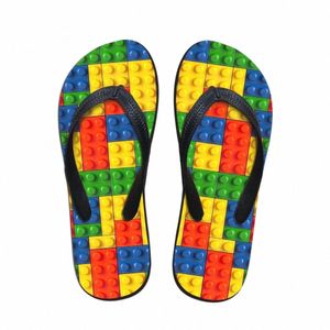Anpassade kvinnor lägenheter hus slipper 3d tetris print sommar mode strand sandaler för tofflor kvinna damer flip flops gummi flipflops d204 #