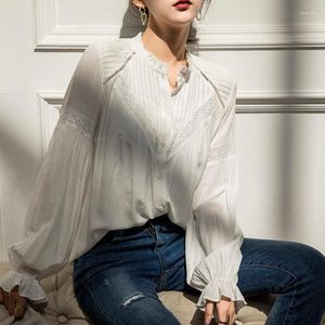 Bluzki damskie koszule jesienne długie rękawowe biała francuska moda żeńska puch rękawy retro topy wisie w Viscose Boho Mujer koronki bluzki Vere2