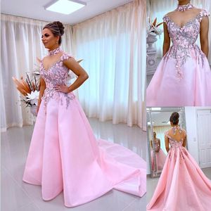 Pink 3D Floral A Line Evening Dresses Sheer High Neck Short Sleeve Flower Appliques Prom Gowns Sweep Train Party Robe de mariée