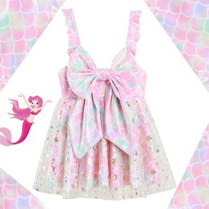 Dziewczyny jednopoziomowe syrena stroju kąpielowa moda tiulowe marszczyzny Projektant Suspender Beachwear 2-8t Princess Girl Cartoon Printed Swird Spirt