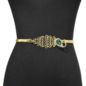 ピーコックエラスティック狭い豪華な豪華な金属金属ベルトドレス用ゴールデン女性ファッションハイウエストバンドジュエルMFGE