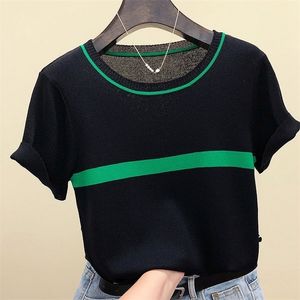 LJSXLS Örme T Gömlek Kadın Yaz O-Boyun Kısa Kollu T-shirt Kadın Çizgili Rahat Tops Tee Gömlek Kadın Giyim 220408