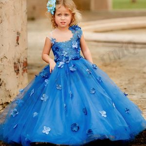 Neue blaue Patal-Blumenmädchenkleider für Kleinkinder, Ballkleid, Applikationen, Geburtstagskostüme, Hochzeit, Fotografie, Kleid für Erstkommunion