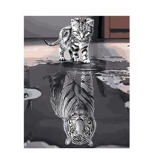 Painting By Numbers DIY Drop 40x50 50x65cm Reflection Cat Animal Canvas Wedding Decoration Art picture Gift LJ200908