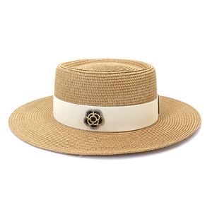 French Summer Women's Boater Beach Hats Casual Panama Straw Beach Hat Lady Flat Bowknot Travel Sun Cap