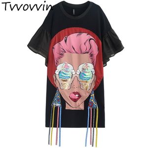 Summer Girl Cartoon Cartoon cekiny drukowane falbany Tassel Nieregularna koszulka luźna plus wielka kobieta plus size czarne s030 y19060601