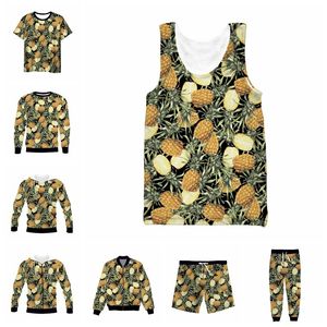 Herren-Trainingsanzüge, Vitinea 3D-Volldruck-Ananas-T-Shirt/Sweatshirt/Kapuzenpullover mit Reißverschluss/dünne Jacke/Hose, vier Jahreszeiten, lässig