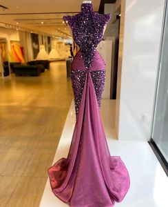 Elegant Purple High Prom Dresses Sparkling Sequins Evening Dress Custom Made Mermaid Women Sleeveless Glitter Party Gown
