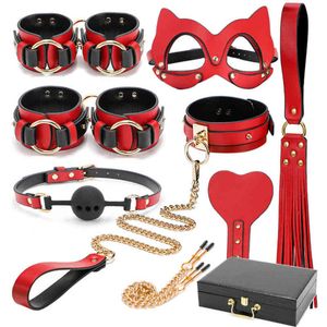 Nxy Sm Bondage Erwachsene Bdsm Upscale Echtes Leder Set Zurückhaltung Cosplay Handschellen Gag Peitsche Nippel Klemme Spiel Sex Zubehör 18 220423