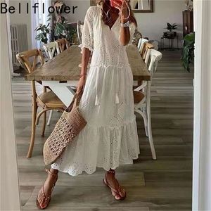 White Maxi Summer Dress Elegant Short Sleeve Hollow Out Bohemian Dresses for Women Loose Fit V Neck Loose Sundress Vestidos 220331