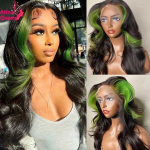 Peruca de cabelo humano frontal em renda verde 13X4 realçada pré-depilada onda do corpo perucas sintéticas com fechamento para mulheres negras