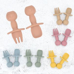 Baby Spoon Fork Set Feeding Spoons Soft Silicone Infant Learning Training Food Grade Eating Spoon Toddler Cutlery Tableware B8079