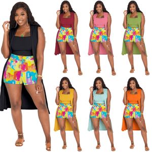 Fatos de treino femininos de verão Rib Sling Sem mangas Manto Estampado Shorts Commuter Combinando Conjuntos Moda Pit Strip Terno de Três Peças