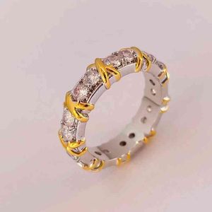 Wholesale diamond x rings resale online - R2LQ Light luxury t home brass gold plated X type cross color separation fashion diamond ring couple personality men and women light