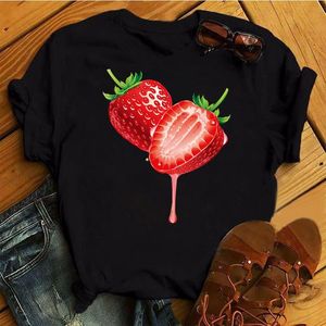 재미있는 딸기 파인애플 패턴 여성 티 탑 티셔츠 귀여운 과일 캐주얼
