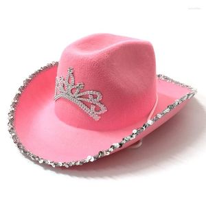 Baskenmützen, dichtes Fell, rosa Tiara, Cowgirl-Hut für Frauen und Mädchen, breite Krempe, Fedora-Cowboy-Kappe, westlicher Stil, festlicher Partyhut