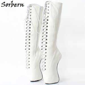 Sorbern Lace Up Knee-High Ballet Wedge Boots Fetish Dominatrix Hoof Heelless Mid Calf Boots For Women Shoes 18Cm High Heel 2018