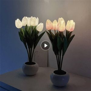 Lampade da tavolo Lampada a tulipano a LED Luce notturna Decorazione d'interni Simulazione Vaso di fiori Atmosfera Regalo Pianta in vasoTavolo