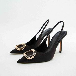 Neue 2021 Frauen Sandalen schwarz High Heel Slip-on Spitzen Temperament Mules Spitzen Stiletto Einzelne Schuhe Party Frauen Pumpen G220527