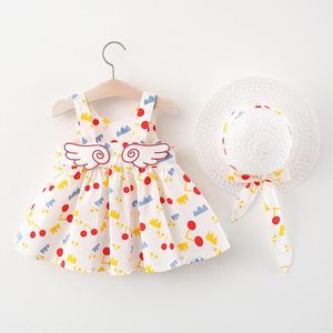 Mädchen-Kleider, Baby-Kleid, Hüte, 2 Stück, süßer Druck, koreanischer ärmelloser Baumwolle, Kinderkleidung, Prinzessinnen-Kleider