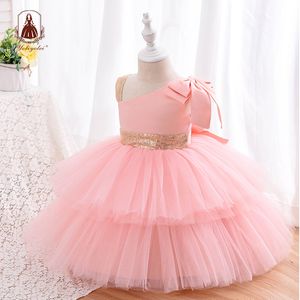 Wholesale tulle layered girls dresses resale online - Asymmetrical Shoulder Layers Children Dress For Girls Birthday Tulle Cake Gown Bow Fashion Pleated Flower Girl Dresses