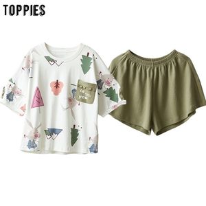 Toppies Cotton Pyjamas Women s sets sommar kortärmade t -skjortor och shorts lolita söt sömnkläder nattkläder T200702