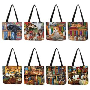 Customize Oil Painting Cat Print Womens Designer Tote Bags Linen Reusable Shopping Bag for Groceries Shoulder for Lady 220331