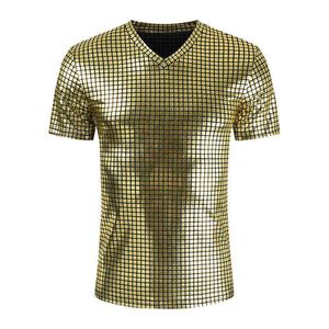 Mens Shiny Gold Plaid Coated Metallic T Shirts Hipster Short Sleeve V Neck T Shirt Men Nightclub Stage Singers Tee Shirt Homme L220704