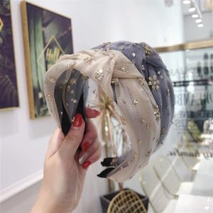 High-end hair accessories women bronzing sequins flower mesh yarn knotted wide-brimmed hairband headband girl hair band headwear