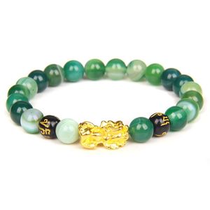 Charm Bracelets Green Agates Beads Bracelet Feng Shui Pixiu For Women Men Striped Multicolor Jades Wristband Wealth Good Luck