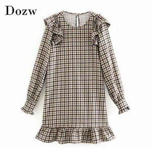 Moda donna Plaid Print Dress Primavera manica lunga allentata Mini es Casual O Neck Ruffle Short Vestidos Mujer 210515