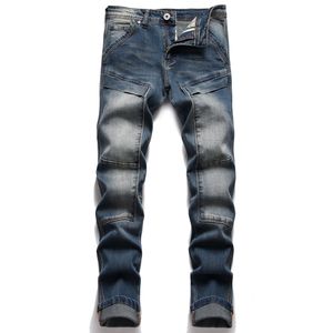 Джинсы Мужчины лоскут синий стройный посадка прямая нога Высококачественные джинсовые брюки хип -хоп повседневные брюки