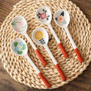 Ins Style Japanese Style Stoneware Small Soup-Spoon Ceramic Spoon Long Handle Spoon Household Cute Creative Rice Spoon