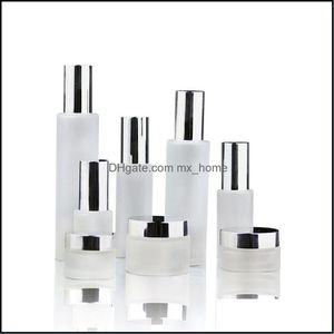 Packing Bottles Office School Business Industrial Frosted Glass Cosmetic Jars Pump With Bright Sier Cap 30G 50G 30Ml 100Ml 120Ml Body Loti