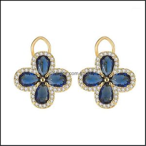Stud Earrings Jewelry Vintage Royal Clover Blue Crystal Sapphire Gemstones Diamonds For Women Gold Color Bijoux Party Accessorie1 Drop Deliv