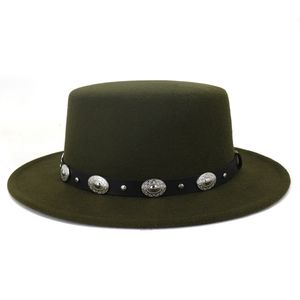 Flat Top Boater Fedora Hat with Leather Band Autumn Winter Felted Top Cap Wide Brim Women Men Sun Protection Caps New Chapeau