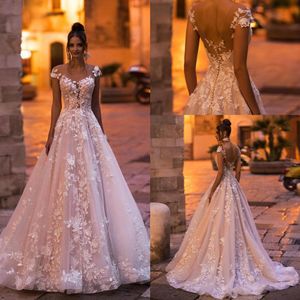 Sheer Cap Sleeves Lace A Line Wedding Dresses Tulle Applique Low Back Sweep Train Wedding Bridal Gowns vestidos de novia With Buttons BC11133
