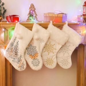 New!! 10x18inch Christmas Stocking Snowy White Cozy Faux Fur Xmas Fireplace Hanging Sock Decorative For Family Party Decorations DIY