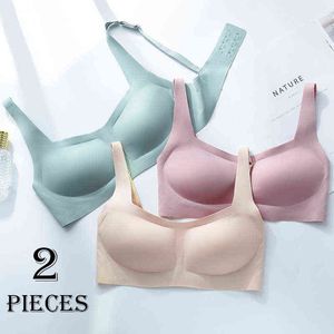 2pcs/set No Trace No Steel Ring One Piece Women Underwear Vest-style Bra Big Breasts Gathered Pure Color Bra T220726