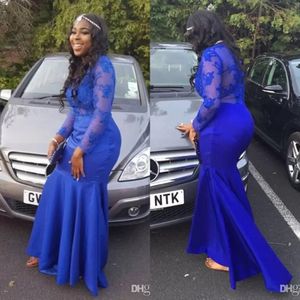 Wholesale short dresses buttons front for sale - Group buy New Royal Blue Sheer Long Sleeves Evening Dresses Fashion Lace Appliques Cheap Mermaid Prom Dresses Long Party Gowns For Black Girls B0518215