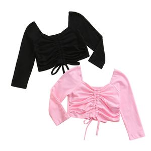 Little Kids Baby Girls Front Drawstring T Shirts Casual Long Sleeve V Neck Solid Color Ruched Tops 1 6T 220620